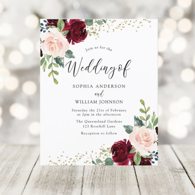 Burgundy & Blush Floral Budget Wedding Invitation (Creator Uploaded)