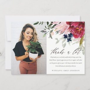 Burgundy Blush Floral Bunch Photo Bridal Shower Thank You Card