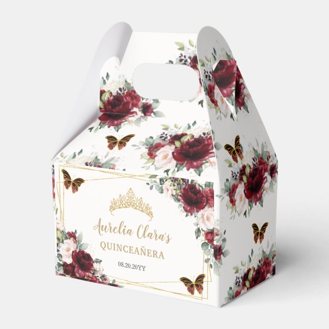 Burgundy Blush Floral Butterflies Gold Tiara   Favour Box (Front Side)