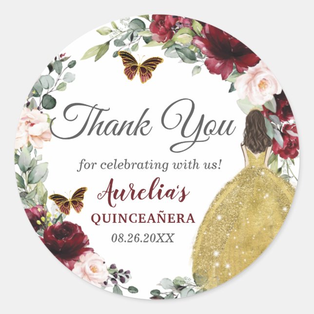 Burgundy Blush Floral Butterflies Princess Gold  Classic Round Sticker (Front)