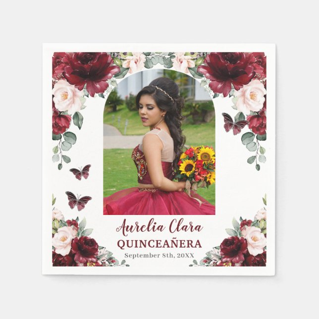 Burgundy Blush Floral Butterfly Quinceañera Photo Napkin (Front)