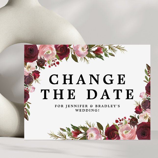 Burgundy Blush Floral Change The Date Announcement Postcard (Creator Uploaded)