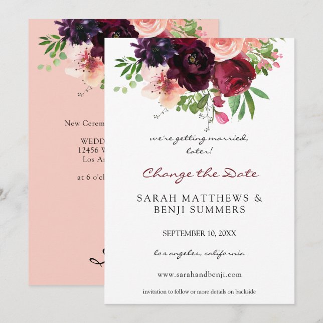 Burgundy & Blush Floral Change the Date (Large) Invitation (Front/Back)