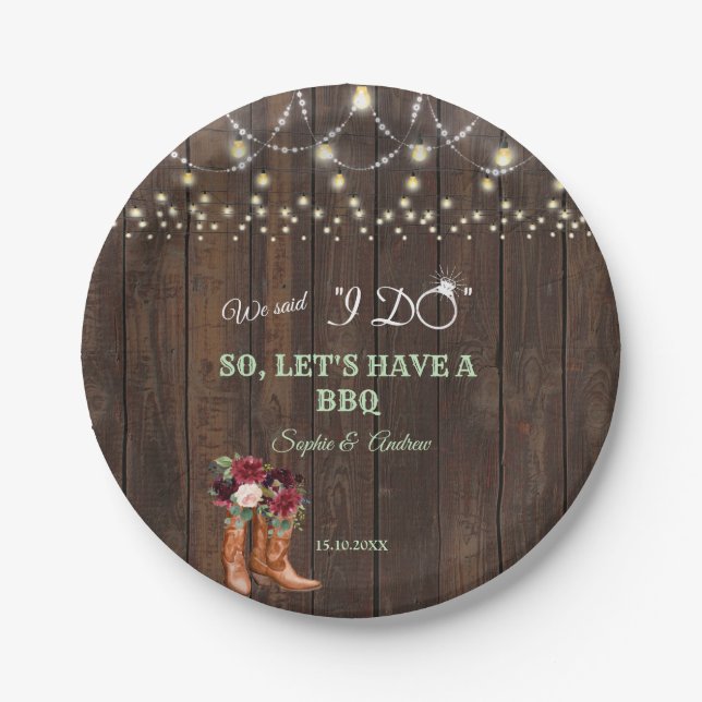 Burgundy Blush Floral Cowboy Boots After I DO BBQ Paper Plate (Front)