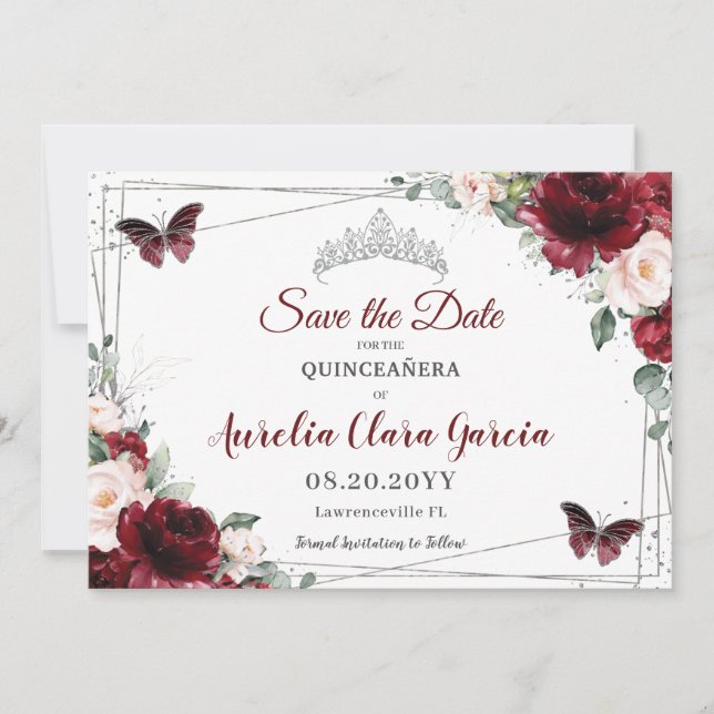 Burgundy Blush Floral Crown Quinceañera 3 Photos Save The Date (Front)