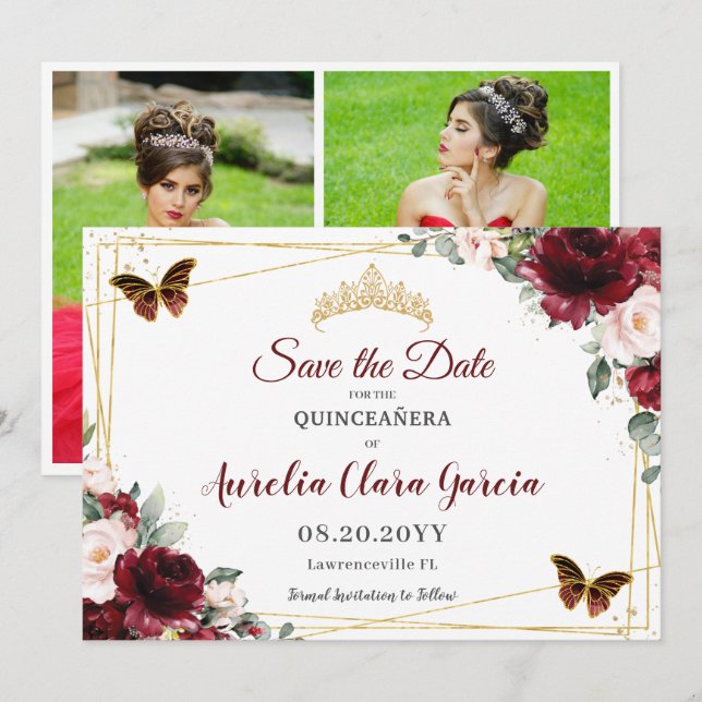 Burgundy Blush Floral Crown Quinceañera 3 Photos Save The Date (Front/Back)