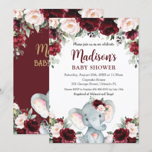 Burgundy Blush Floral Cute Elephant Baby Shower Invitation
