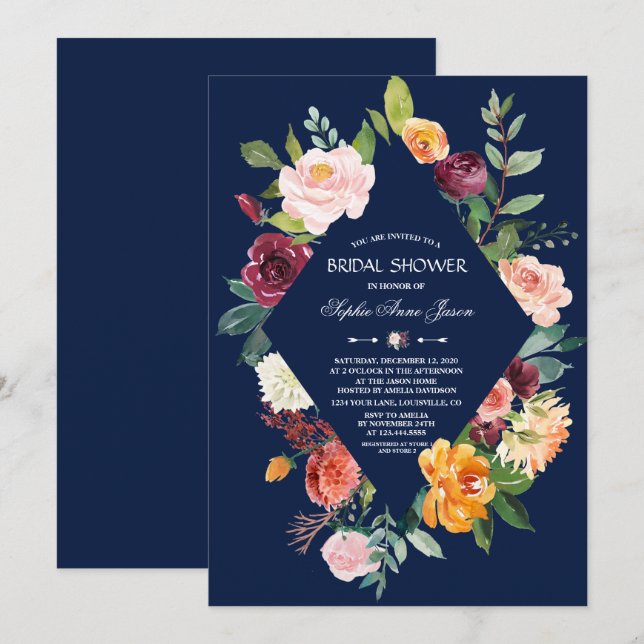 Burgundy Blush Floral Dark Blue Bridal Shower Invitation (Front/Back)