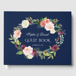 Burgundy Blush Floral Dark Blue Wreath Wedding Guest Book