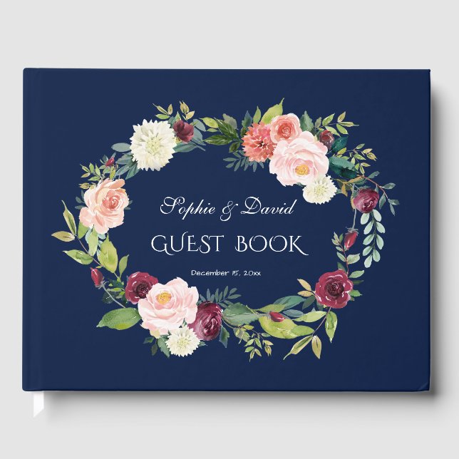 Burgundy Blush Floral Dark Blue Wreath Wedding Guest Book (Front)