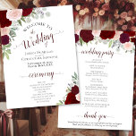 Burgundy Blush Floral Downloadable Wedding Program Invitation<br><div class="desc">These wedding programs are elegant and tasteful. The design features a bevy of hand painted watercolor roses in shades of burgundy red and blush pink, surrounded by eucalyptus leaves and garden foliage. The typography features lacy script calligraphy, and there is room for details on the ceremony, the bridal party, and...</div>