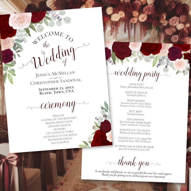 Burgundy Blush Floral Downloadable Wedding Program Invitation (Front/Back)