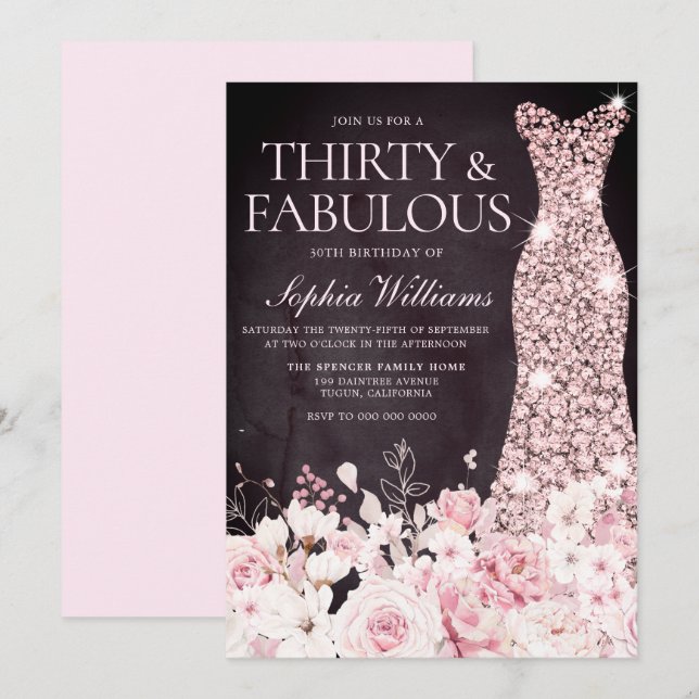 Burgundy Blush Floral & Dress  30th Birthday Party Invitation (Front/Back)