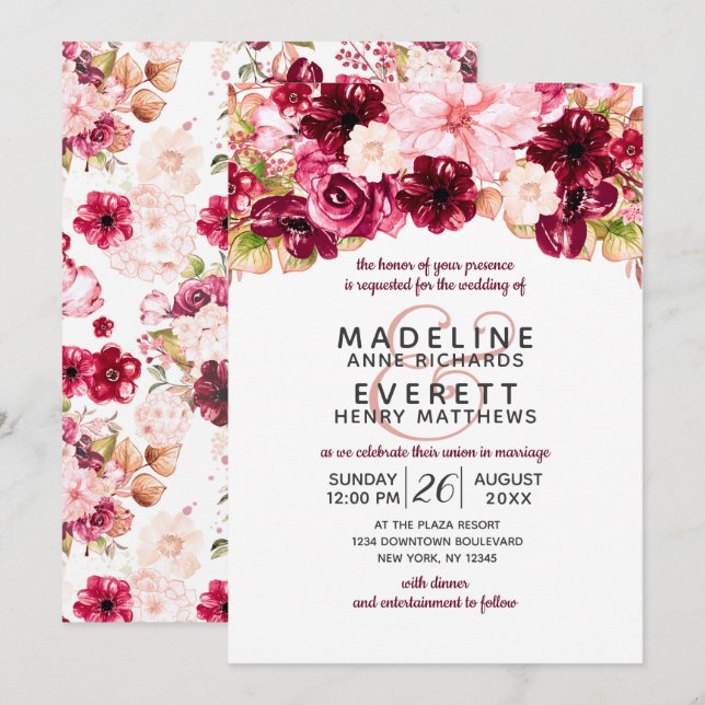 Burgundy & Blush Floral Drop Wedding Invitations (Front/Back)