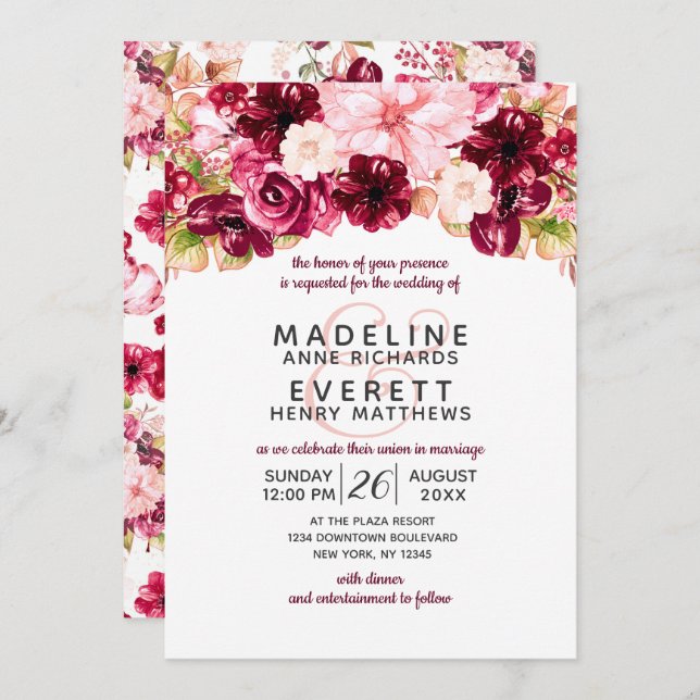 Burgundy & Blush Floral Drop Wedding Invitations (Front/Back)