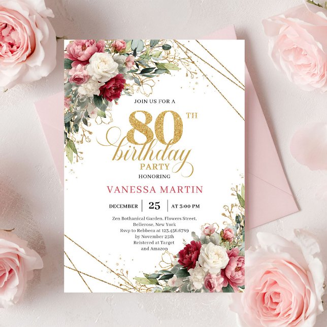Burgundy blush floral elegant gold design 80th  invitation (Burgundy blush floral elegant gold design 80th birthday invitation

)