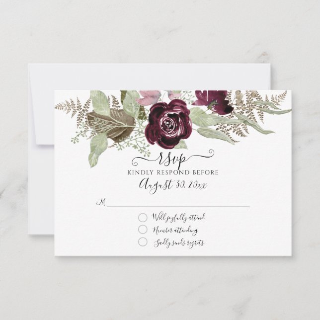 Burgundy Blush Floral Elegant Sage Wedding  RSVP (Front)