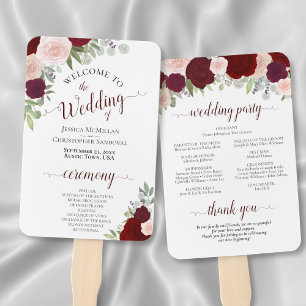 Burgundy & Blush Floral Elegant Wedding Program Hand Fan