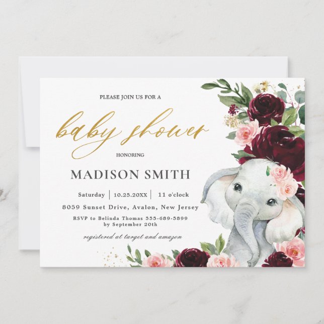 Burgundy Blush Floral Elephant Baby Shower     Invitation (Front)