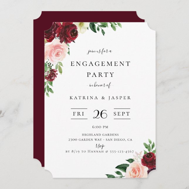 Burgundy Blush Floral Engagement Party Invitation (Front/Back)
