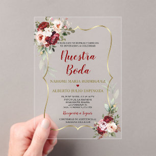 Burgundy Blush Floral Fall Spanish Nuestra Boda Acrylic Invitations