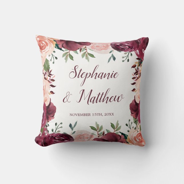 Burgundy Blush Floral Fall Wedding Cushion (Front)