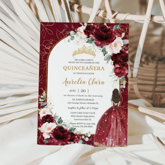 Burgundy Blush Floral Flowers Arch Quinceanera Invitation (Creator Uploaded)