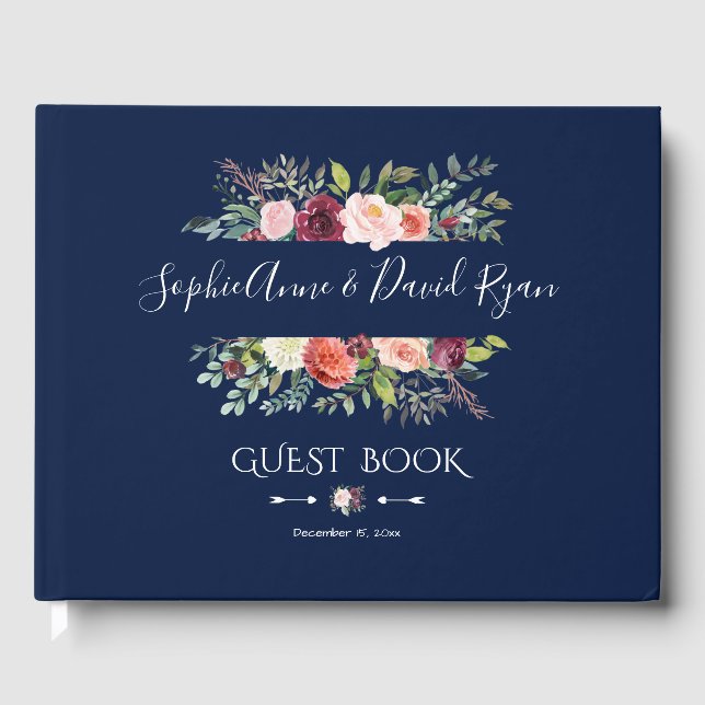 Burgundy Blush Floral Frame Dark Blue Wedding Guest Book (Front)