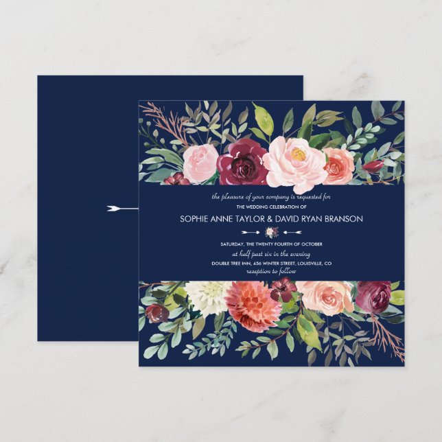 Burgundy Blush Floral Frame Dark Blue Wedding Invitation (Front/Back)