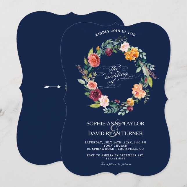 Burgundy Blush Floral Frame Dark Blue Wedding Invitation (Front/Back)