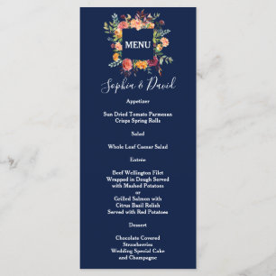 Burgundy Blush Floral Frame Dark Blue Wedding Menu