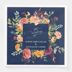 Burgundy Blush Floral Frame Dark Blue Wedding Napkin