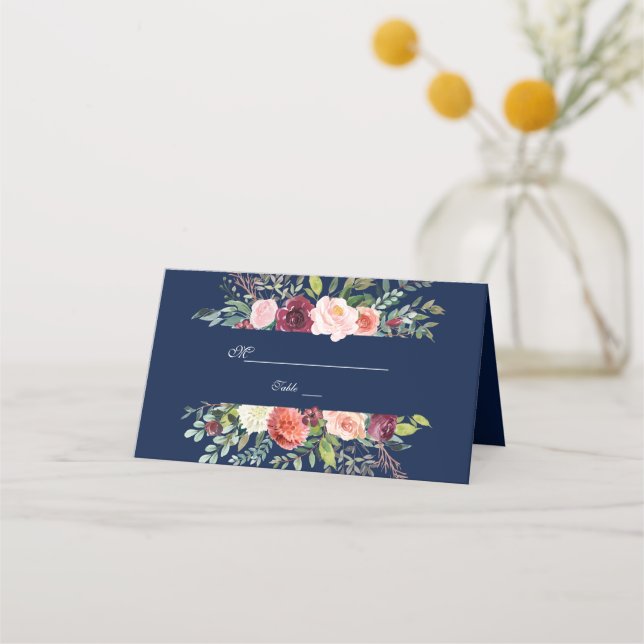 Burgundy Blush Floral Frame Dark Blue Wedding Place Card (Back)