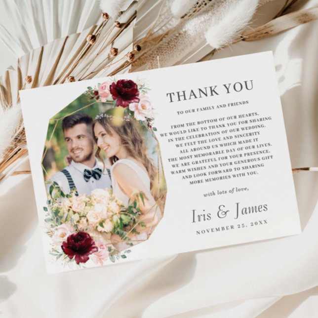 Burgundy Blush Floral Geometic Photo Wedding Thank You Card (Creator Uploaded)