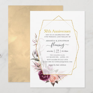 Burgundy & Blush Floral Geometric 50th Anniversary Invitation