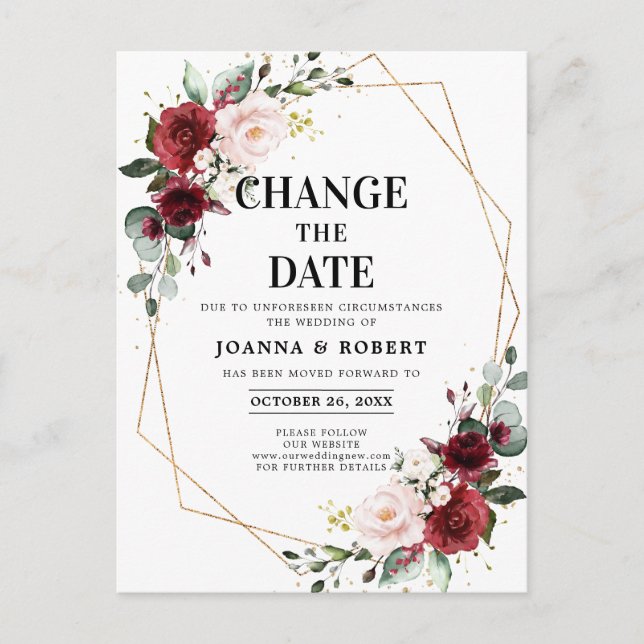 Burgundy Blush Floral Geometric Change the Date Postcard (Front)