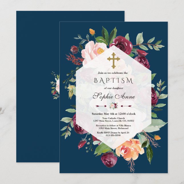 Burgundy Blush Floral Geometric Navy Blue Baptism Invitation (Front/Back)