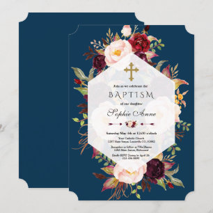 Burgundy Blush Floral Geometric Navy Boyl Baptism Invitation