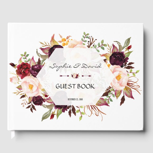 Burgundy Blush Floral Geometric Navy Guest Book (Front)