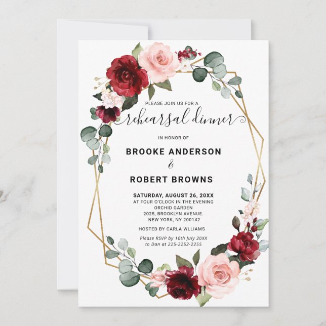 Burgundy Blush Floral Geometric Rehearsal Dinner Invitation (Front)