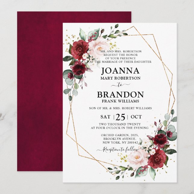 Burgundy Blush Floral Geometric Wedding Invitation (Front/Back)