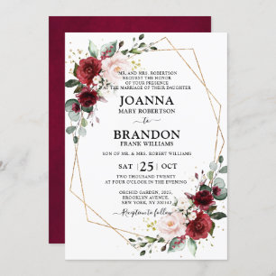 Burgundy Blush Floral Geometric Wedding Invitation