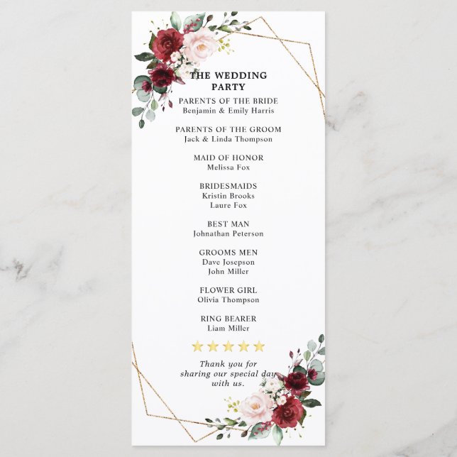 Burgundy Blush Floral Geometric Wedding Reception  Programme (Back)