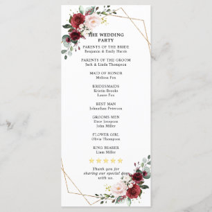 Burgundy Blush Floral Geometric Wedding Reception  Programme