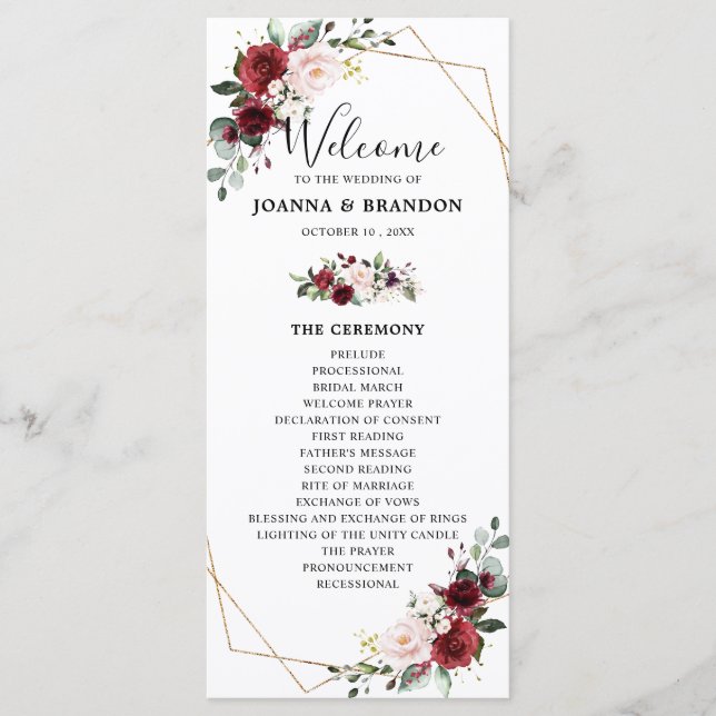 Burgundy Blush Floral Geometric Wedding Reception Programme (Front)