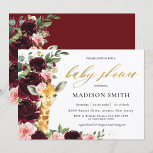 Burgundy Blush Floral Giraffe Baby Shower     Invitation