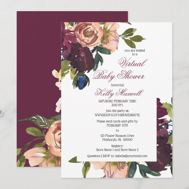 Burgundy | Blush Floral Girl Virtual Baby Shower I Invitation (Front/Back)