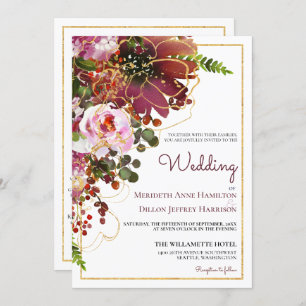 Burgundy Blush Floral Gold All In One Wedding Invitation