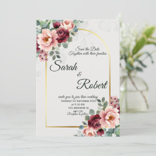 Burgundy Blush Floral Gold Arch Wedding Invite