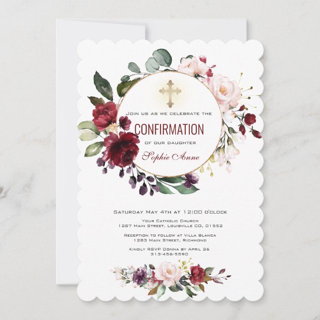 Burgundy Blush Floral Gold Cross Confirmation Invitation (Front)